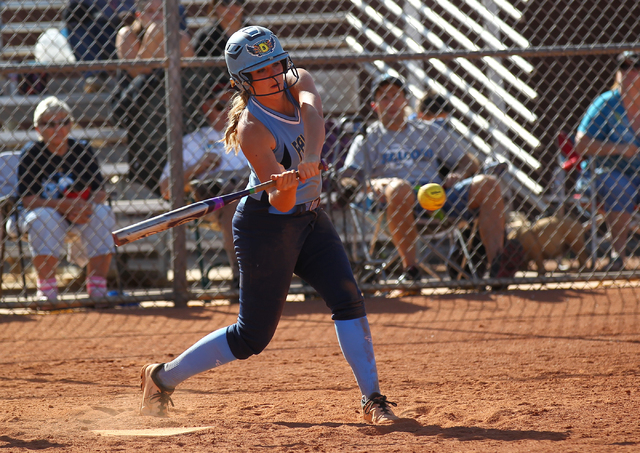 Foothill’s Daryan Meade (5) swings at the ball while playing against Liberty at Libert ...