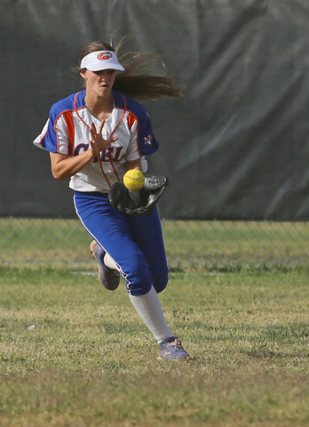 Bishop Gorman’s Morgan Blanner makes a catch in the outfield during a softball game ag ...