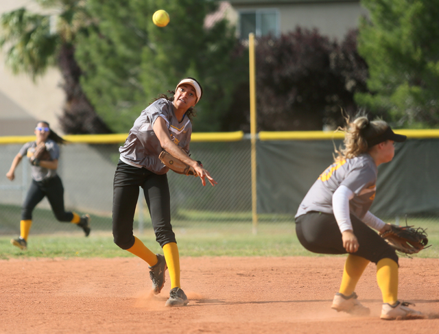 Durango’s Alia Armstrong, center, makes a throw past Kaitlyn O’Hearn, right, to ...