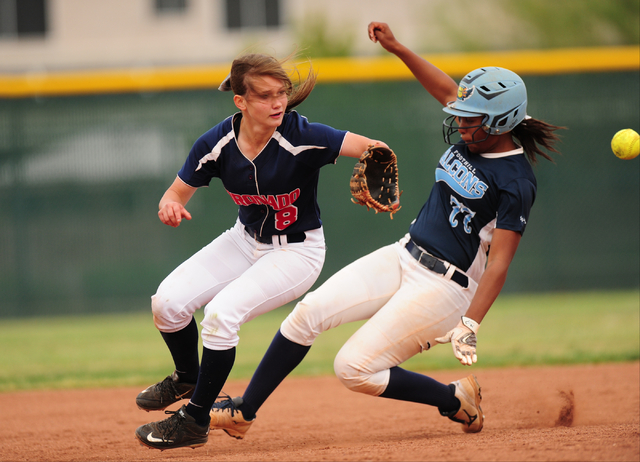 Foothill base runner Jazmine Dukes advances to second base after Coronado dropped a fly ball ...