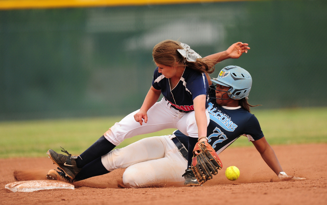 Foothill base runner Jazmine Dukes advances to second base after Coronado dropped a fly ball ...