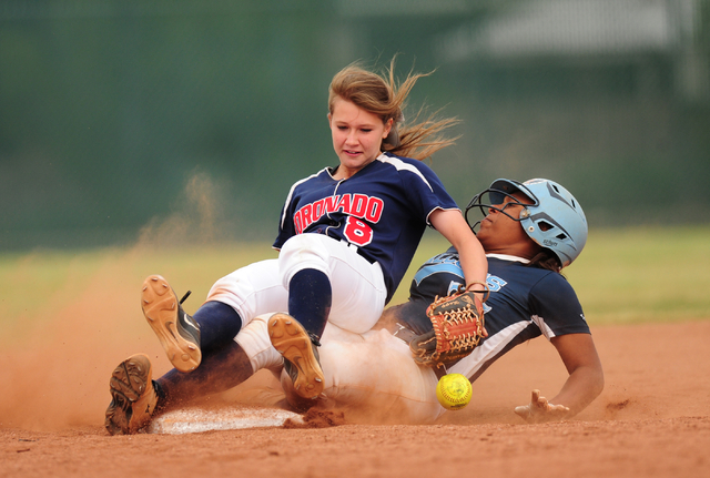 Foothill base runner Jazmine Dukes advances to second base after Coronado dropped a fly ball ...