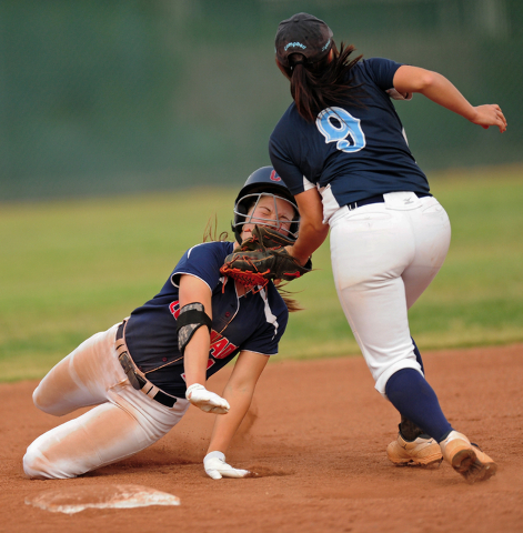 Foothill second baseman Alexia Campbell tags out Coronado base runner Dylan Underwood after ...