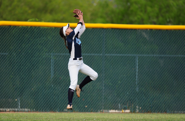 Foothill center fielder Kaitlyn Enzweiler catches a Coronado fly ball in the third inning of ...