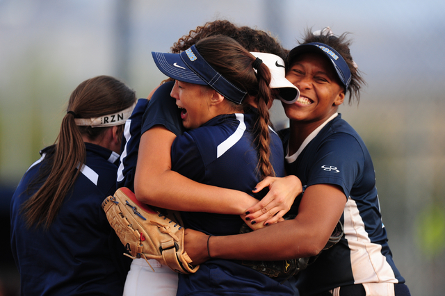 Foothill players celebrate their 6-5 win over Coronado during their prep softball game at Co ...