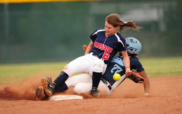 Foothill base runner Jazmine Dukes advances to second base after Coronado dropped a fly ball ...