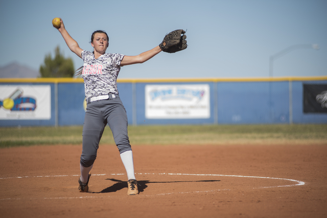 Arbor View’s Taylor Thomas (19) pitches to Centennial during their softball game playe ...
