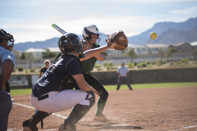 Palo Verde’s Makall Whetten (1) takes a look at a pitch against Shadow Ridge during a ...