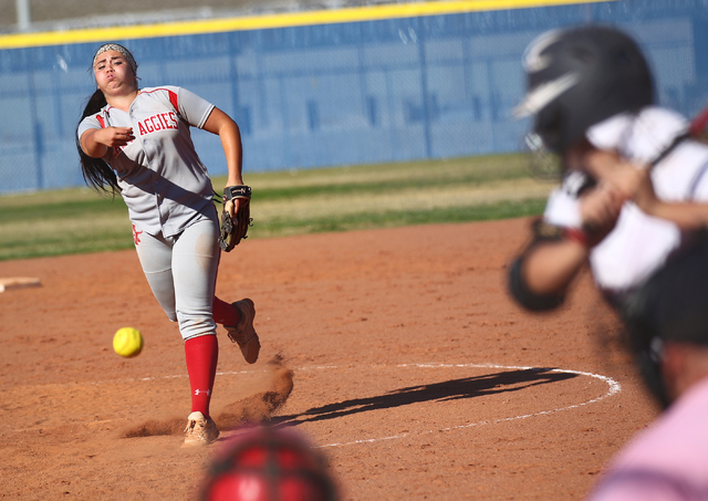 Arbor View’s Ashlyn Ames fires a pitch during the sixth inning of Wednesday’s ga ...