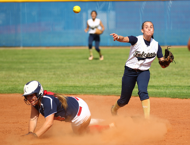 Foothill’s RaeAnn Brems throws to first after forcing out Coronado’s Danielle Am ...