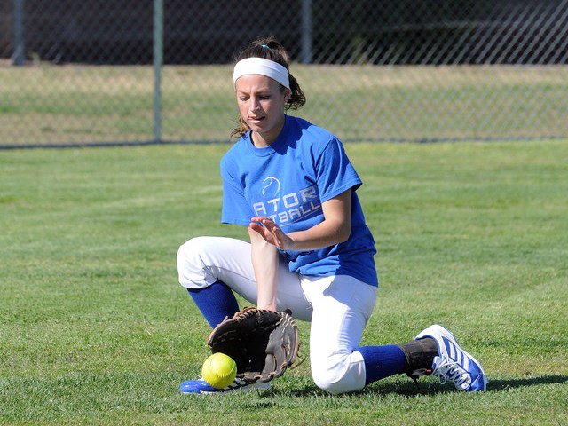 Green Valley girls softball center fielder Maggie Manwarren fields a grounder at a recent pr ...