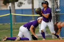 Silverado’s Arieana Monturio (2) makes a catch in foul territory to record an out as t ...