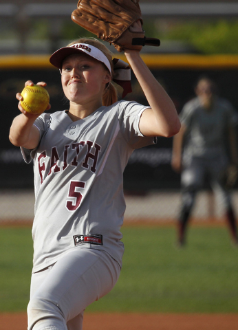 Faith Lutheran pitcher Mosie Foley (5) delivers against Cheyenne on Tuesday. Foley allowed t ...