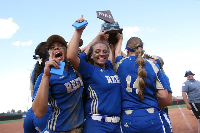Reed players celebrate their win over Palo Verde after their Division I championship softbal ...