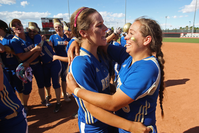 Reed pitcher Julia Jensen, left, and catcher Rheanna Smith celebrate their win over Palo Ver ...