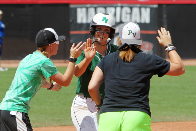 Palo Verde’s Kali Tomlinson is congratulated for her home run during their Division I ...