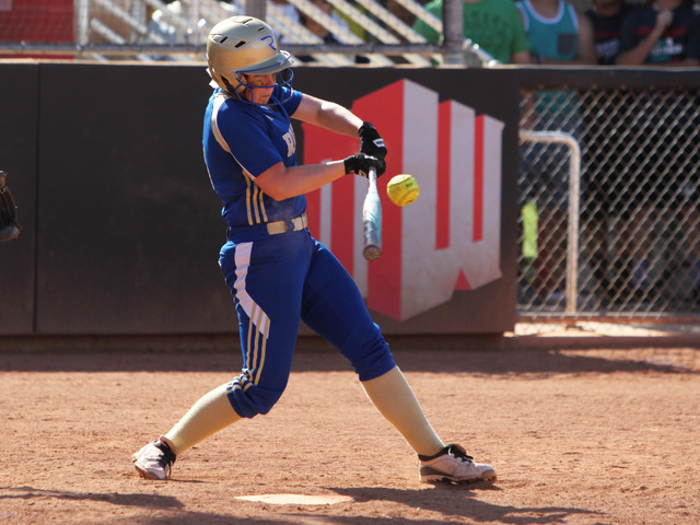 Reed’s Mackenzie Howren connects with her game winning hit against Palo Verde during t ...