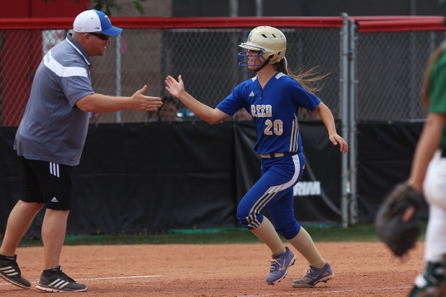 Reed pitcher Julia Jensen celebrates her two-run homer against Palo Verde during their Divis ...