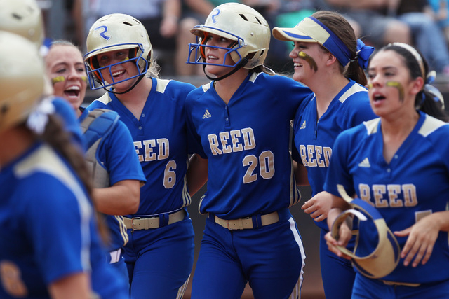 Reed pitcher Julia Jensen (20) celebrates her two-run homer against Palo Verde during their ...