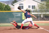 Coronado’s Jillian James (18) tags out Las Vegas High School’s Samantha Taylor ( ...