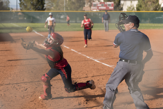 Liberty’s Kenna Hefley makes a diving catch during a softball game against Foothill at ...