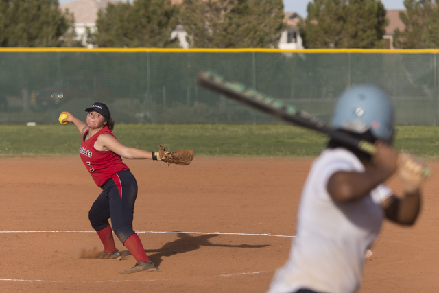 Liberty’s Brea Alvarez throws a pitch during a softball game against Foothill at Liber ...
