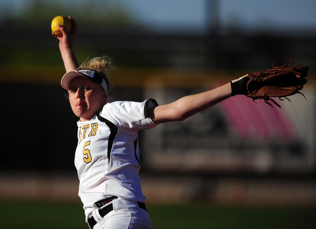Faith Lutheran starting pitcher Mosie Foley delivers to Sierra Vista in the seventh inning o ...