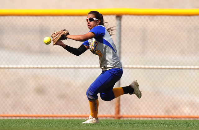 Poly (Calif.) outfielder Ruby Melendez drops a Liberty pop fly ball during their prep softba ...