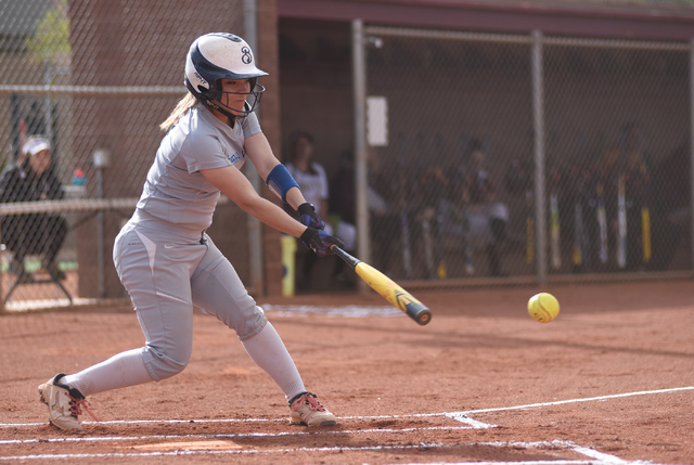 Sierra Vista’s Brendee Ford (9) swings at a pitch against Faith Lutheran during their ...
