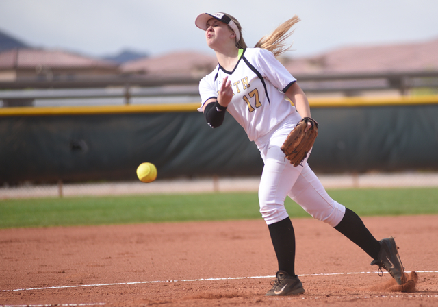 Faith Lutheran’s Haley Jack (17) pitches against Sierra Vista during their softball ga ...