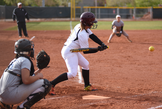 Faith Lutheran’s Sara Zelazny (7) swings at a pitch against Sierra Vista during their ...