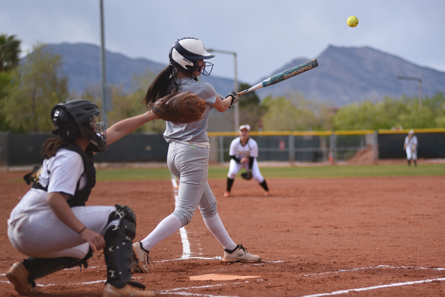 Sierra Vista’s Madison Hiu (7) hits the ball against Faith Lutheran during their softb ...