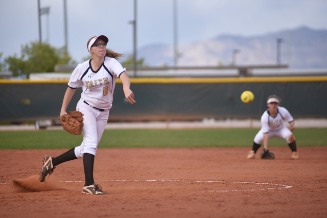Faith Lutheran’s Caileen Ryan (8) pitches against Sierra Vista during their softball g ...