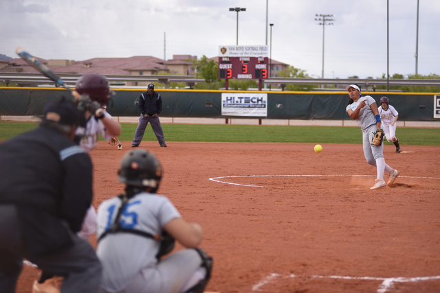 Sierra Vista’s Kalei Watkins (8) pitches against Faith Lutheran during their softball ...