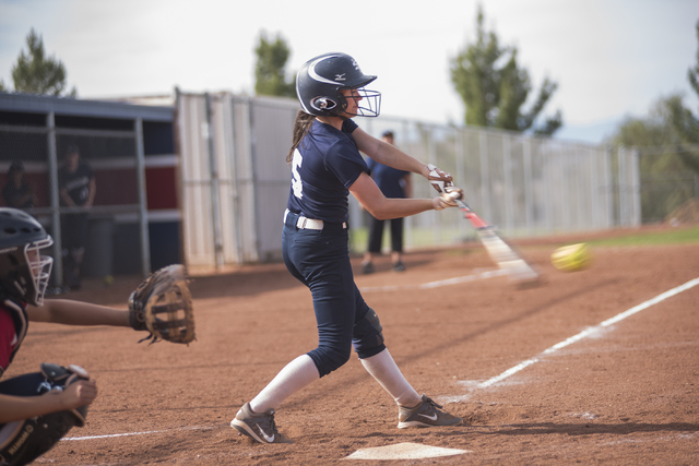Spring Valley’s Mariah Ward (5) hits the ball against Coronado during their softball g ...