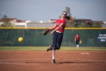 Coronado’s Tatum Spangler (5) pitches against Spring Valley during their softball game ...