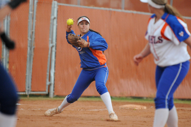 Bishop Gorman’s Shelby Estocado makes a throw from third base as pitcher Dayton Yingli ...