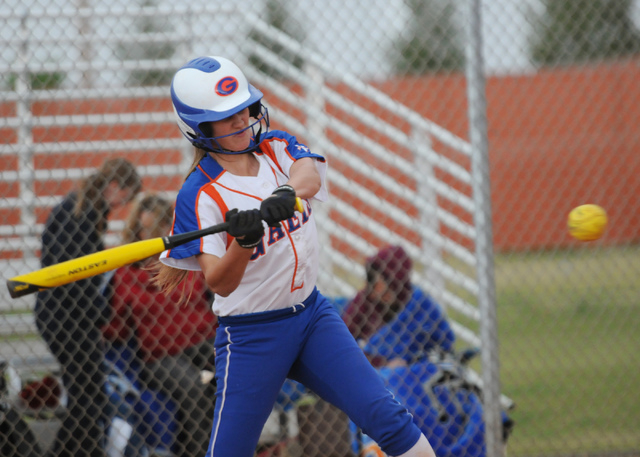 Bishop Gorman’s Morgan Blanner takes a swing against Legacy during the Gaels’ 12 ...
