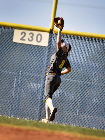 Boulder City outfielder Jerra Hinson makes a catch against Sierra Vista during a high school ...