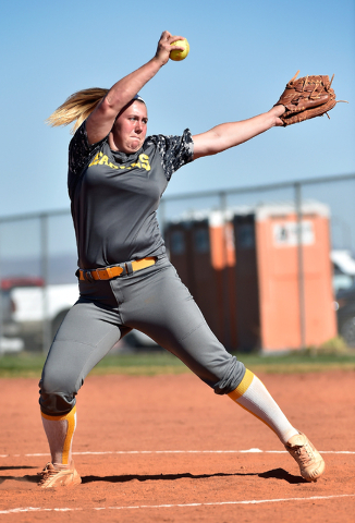 Boulder City pitcher Charlene Masterson pitches during a high school softball game against S ...