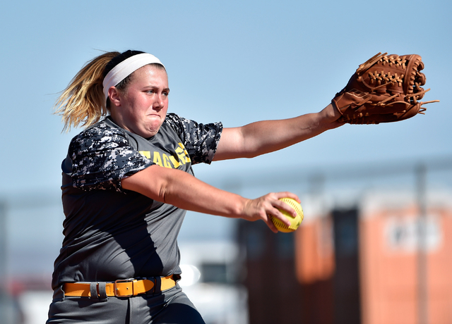 Boulder City pitcher Charlene Masterson pitches during a high school softball game against S ...