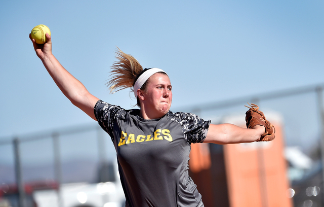 Boulder City pitcher Charlene Masterson pitches during a high school softball game against S ...