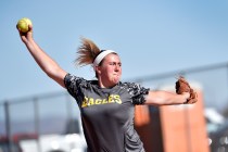 Boulder City pitcher Charlene Masterson pitches during a high school softball game against S ...