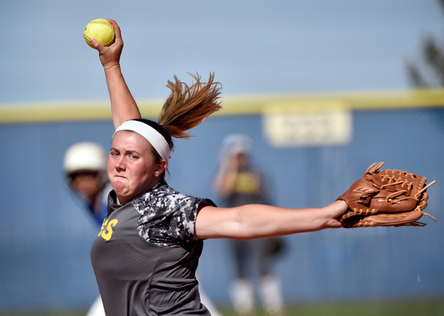 Boulder City pitcher Charlene Masterson pitches during a high school softball game against S ...