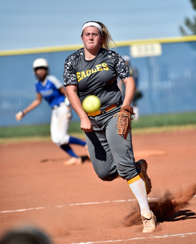 Boulder City pitcher Charlene Masterson lets loose the ball during a high school softball ga ...