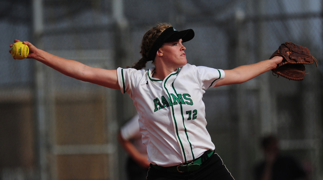 Rancho pitcher Sam Pochop delivers to Liberty in the fourth inning of their prep softball ga ...