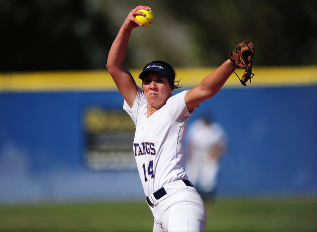 Shadow Ridge starting pitcher Shelbi Denman delivers to Palo Verde in the third inning of th ...