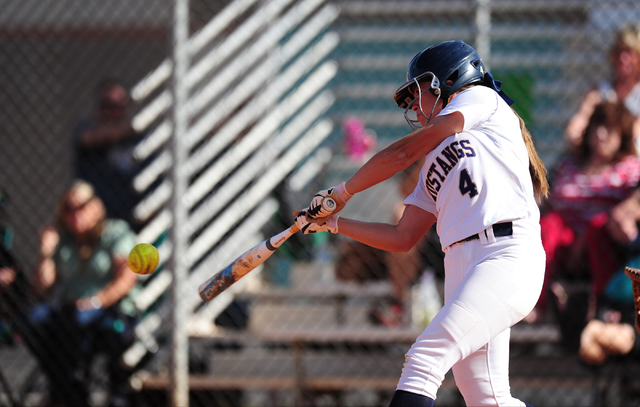 Shadow Ridge batter Shea Clements hits the go-ahead two-run RBI double against Palo Verde in ...