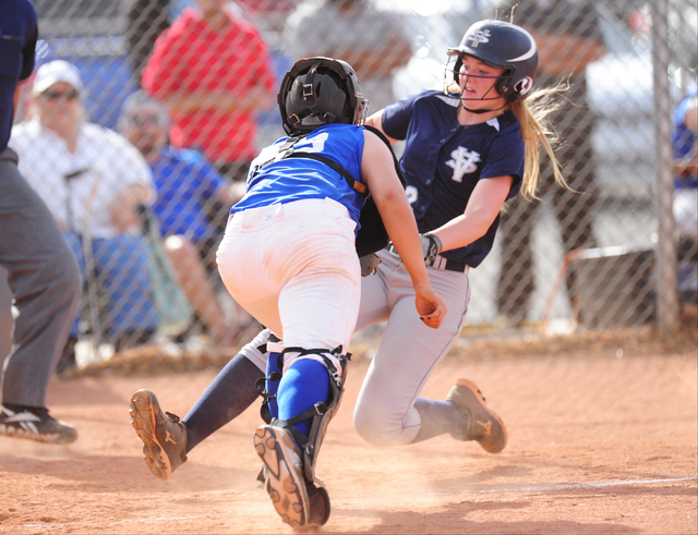 Sierra Vista catcher Mia Buranamonti tags out Spring Valley base runner Michaela Hood at hom ...