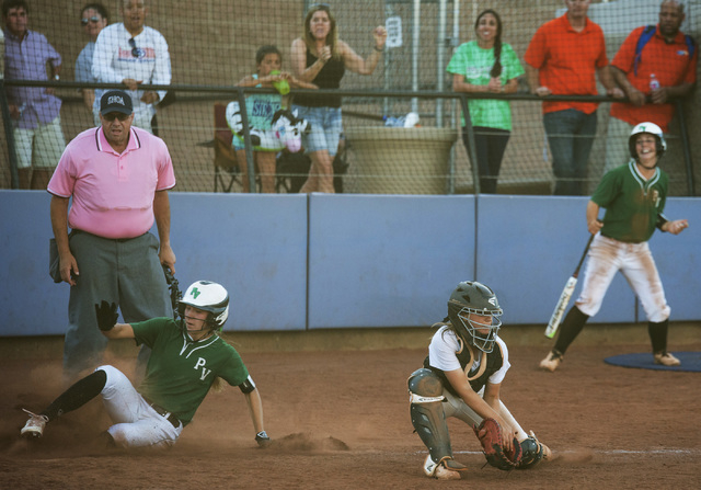 Palo Verde’s Camden Zahn (7) slides safely into home plate to score the game-winning r ...